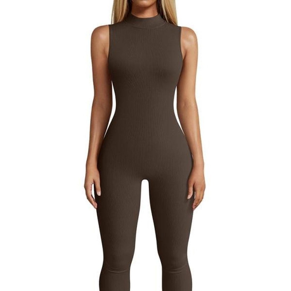OQQ Mock Neck Sleeveless ribbed pants jumpsuit with Built In Tummy Control